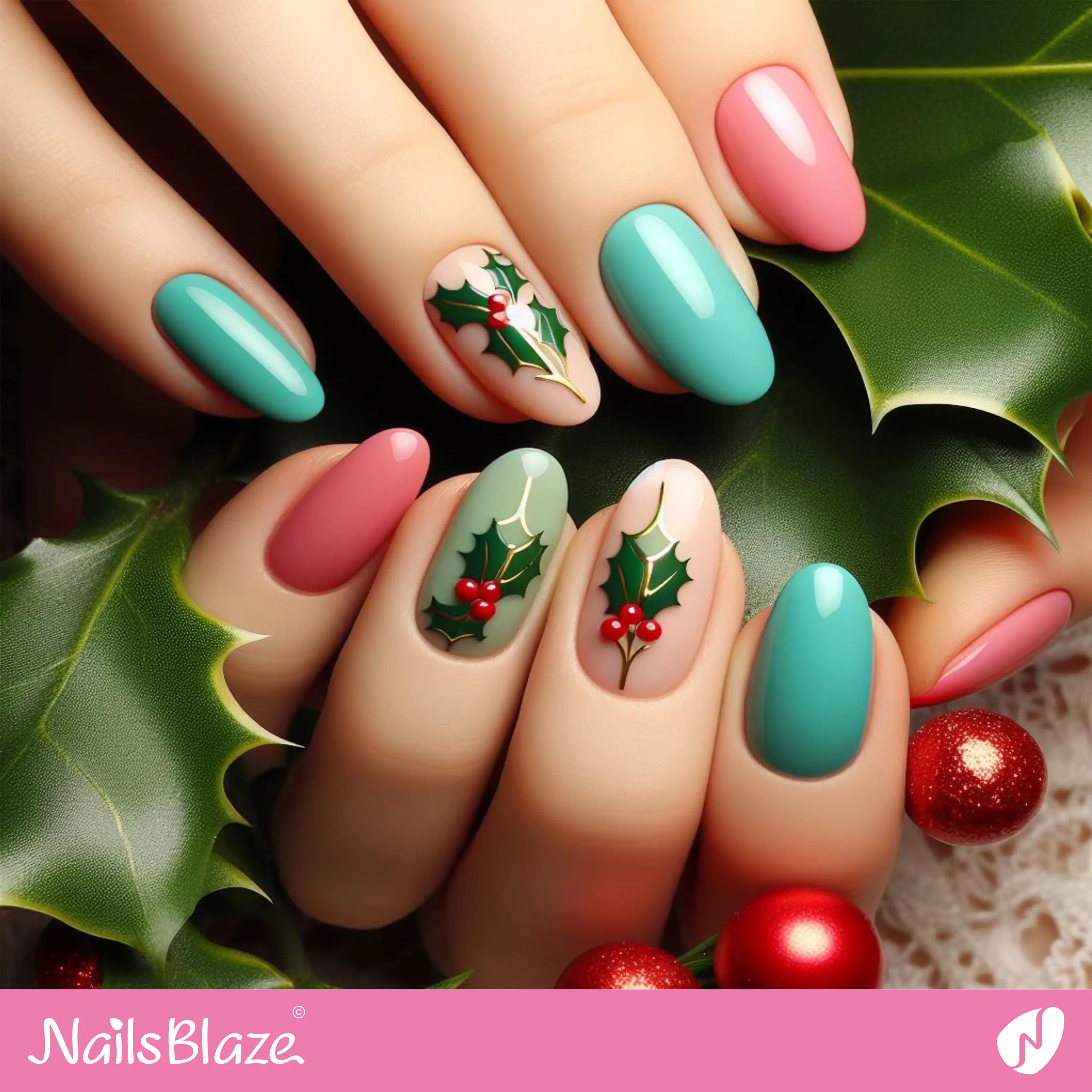 Colorful Nails with Holly Leaves | Nature-inspired Nails - NB1653